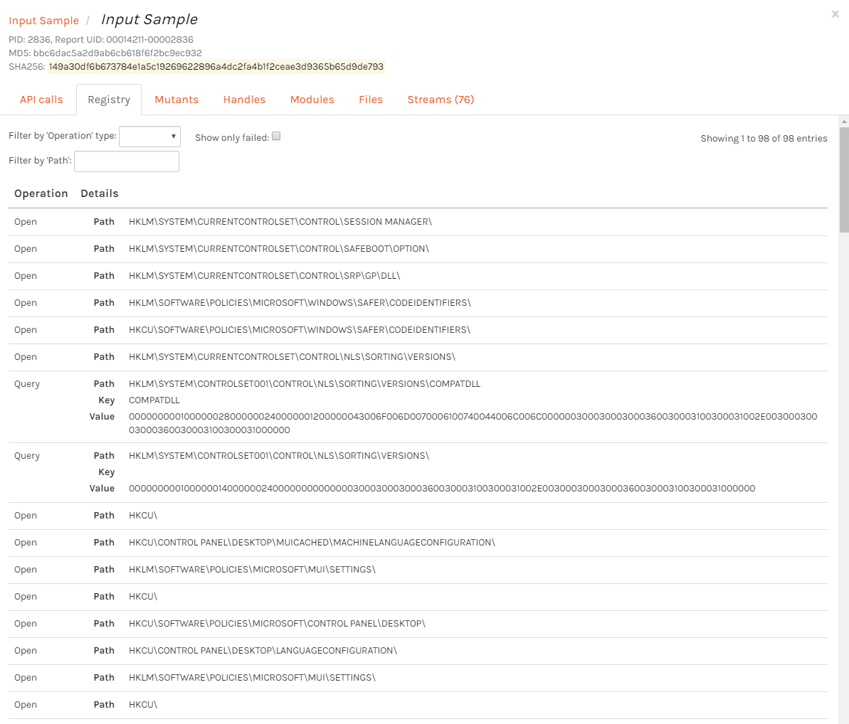 Sandbox registry