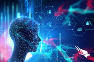 silhouette of person with communication icons in the background