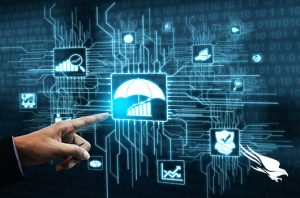 finger pointing at blue graph icon