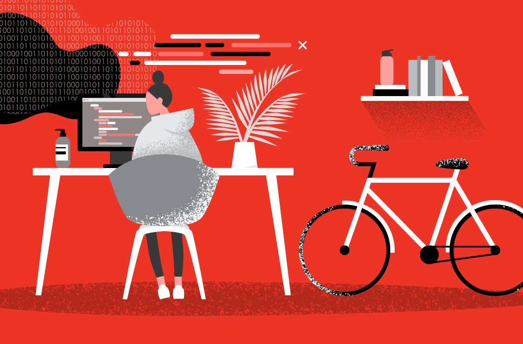 illustration of person at laptop with desk and bike