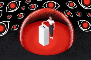 black and red illustration of person voting