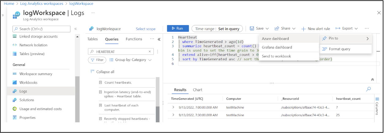 Pinning the query results to Azure Monitor, Grafana, or an Azure Workbook.