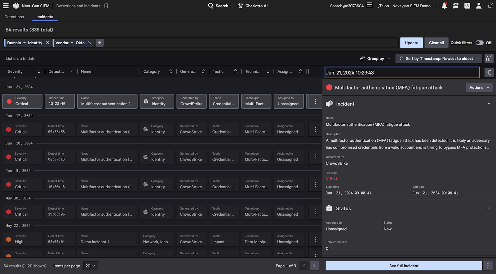 Figure 3. Falcon Next-Gen SIEM unifies alerts from all data sources with the ability to quickly sort and filter based on severity, source, MITRE technique and more.