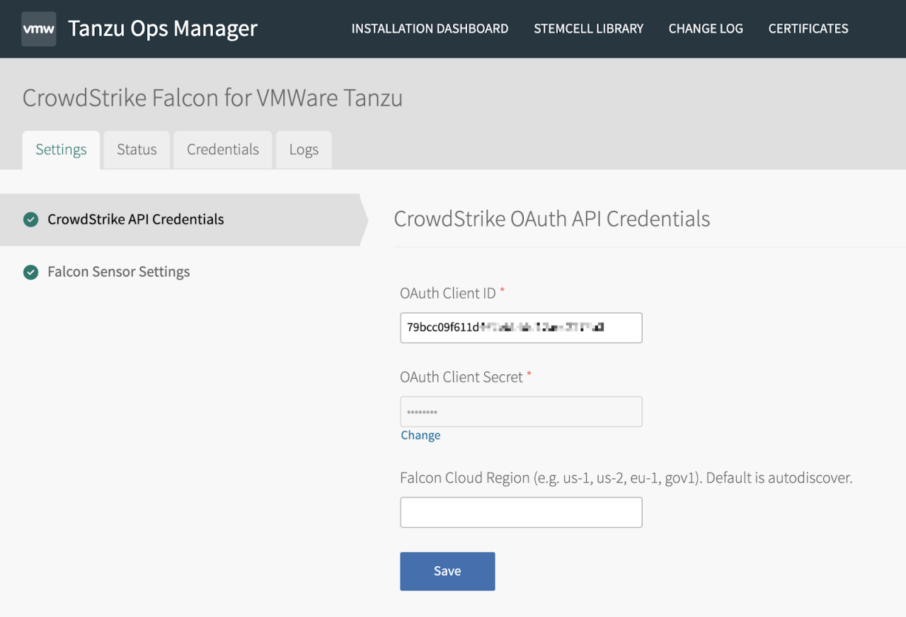 Figure 2. Deploying the Falcon sensor on VMware Tanzu Platform is easy with Tanzu Ops Manager’s graphical workflow. An available CLI tool can also be leveraged to do a GitOps style deployment.