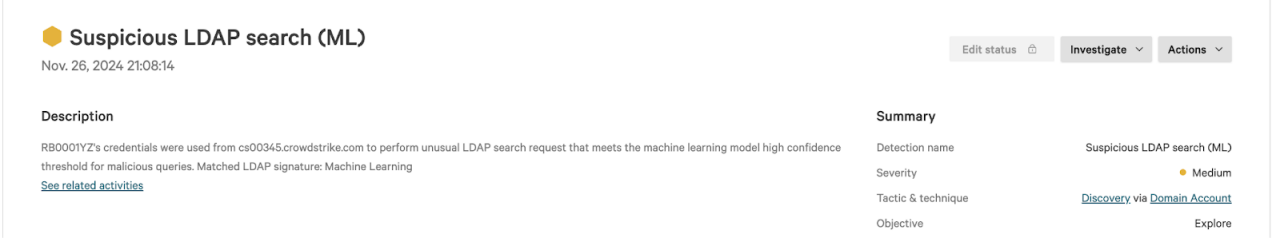 Figure 4. Sample detection in Falcon Identity Protection attributed to a suspicious LDAP search