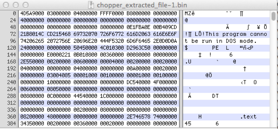 Figure 3. Carved PE from Chopper traffic opened in hex editor.