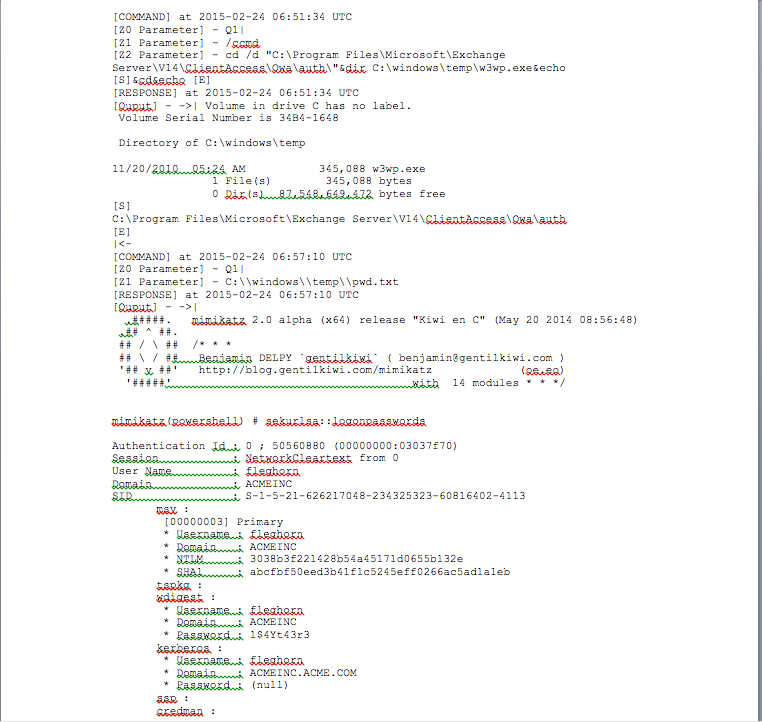 Figure 2. Sample portion of output from decode module showing 'mimikatz' execution.