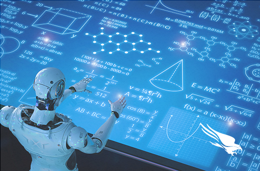 Robot writing mathematical formulas on a blue screen