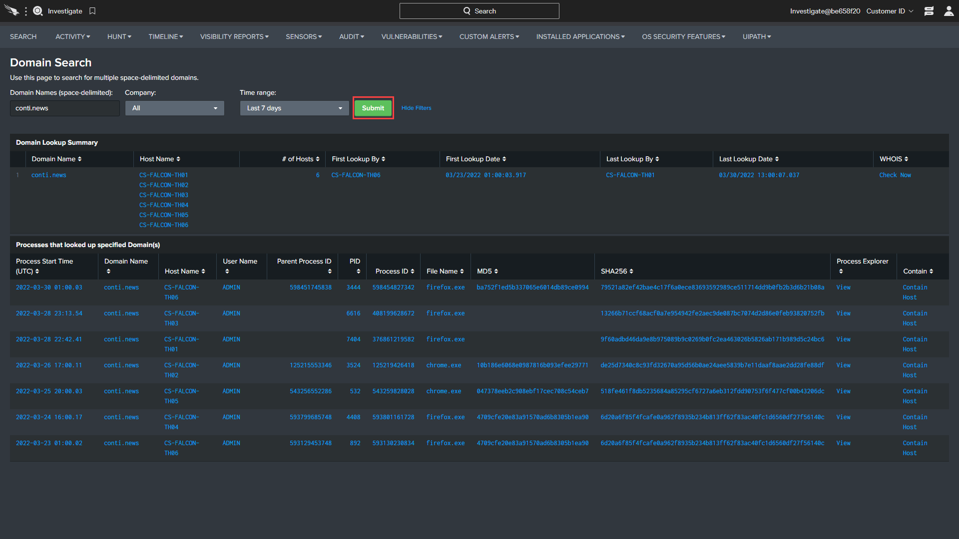 threat hunting domain results