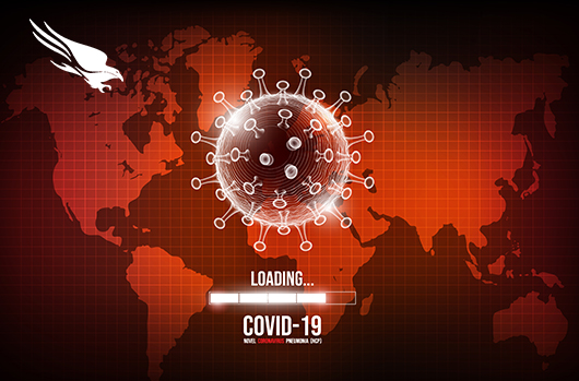 Coronavirus on map of world with computer loading bar