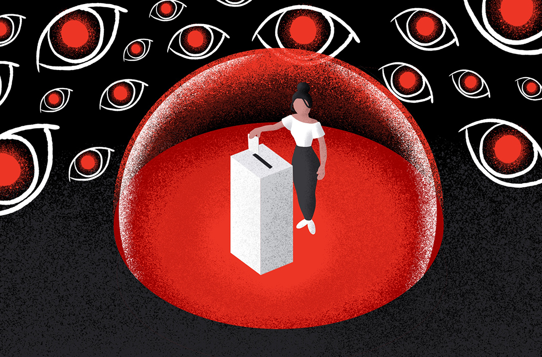 black and red illustration of person voting