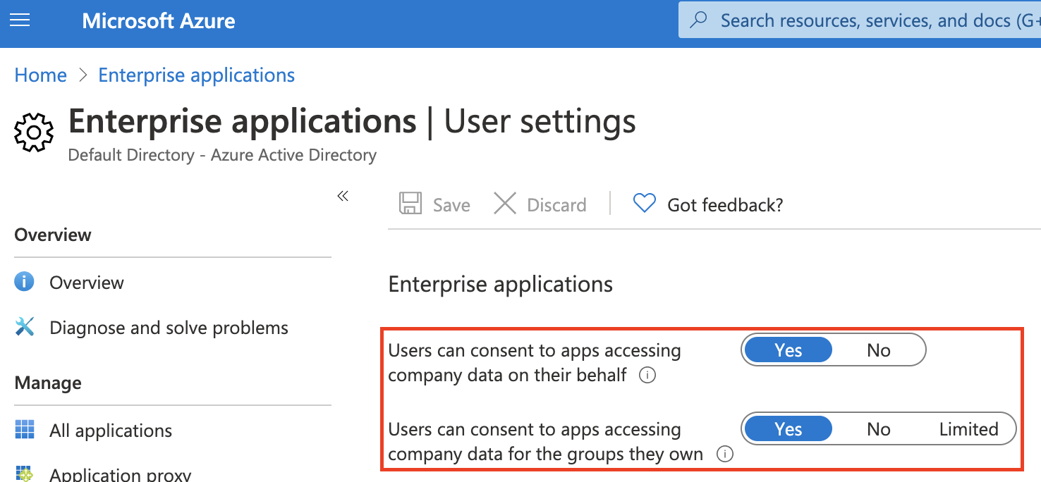 Azure enterprise apps user settings