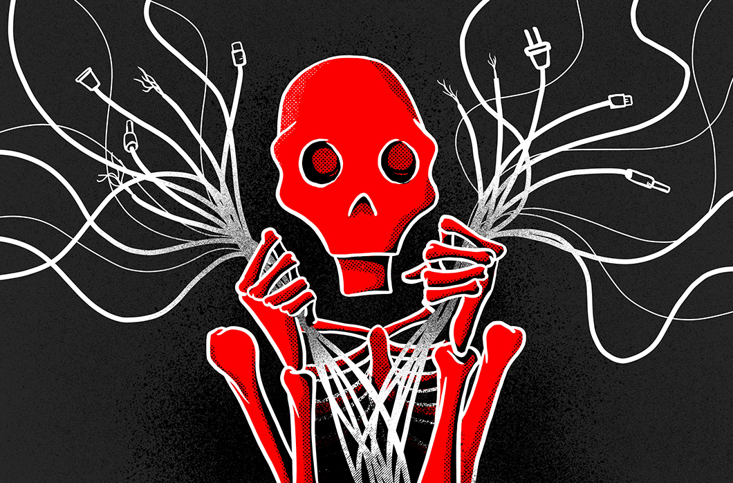 illustration of red skeleton holding cables
