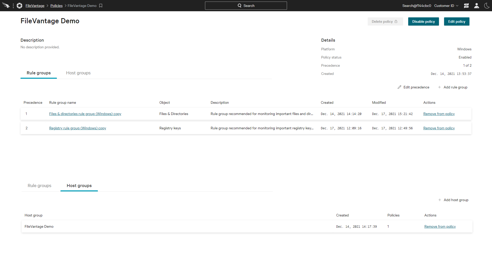 filevantage policy setup