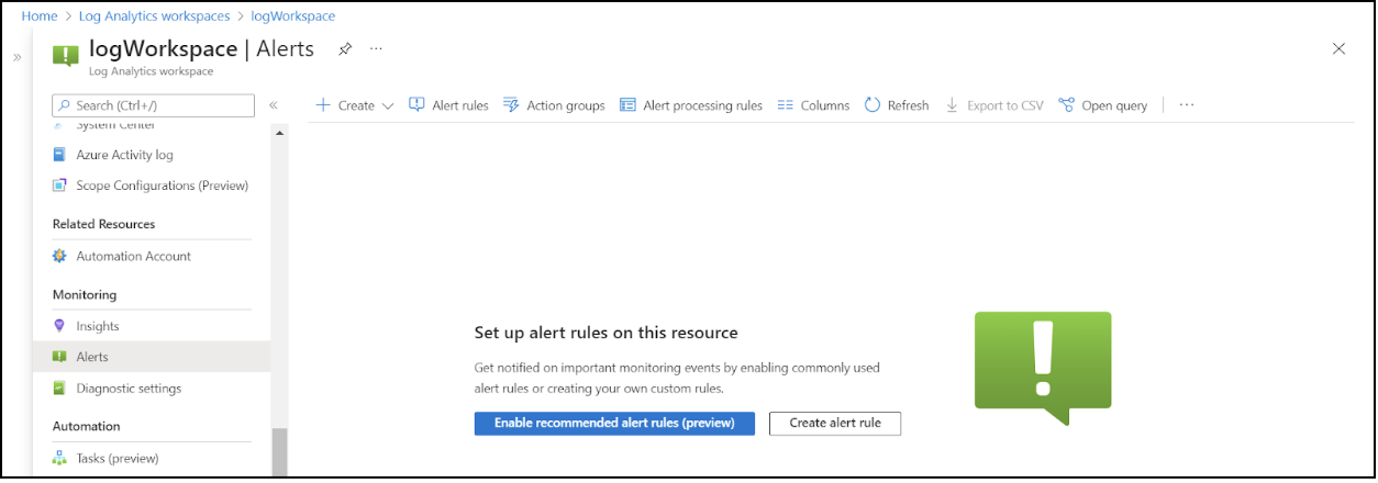 Alerts page within log workspace