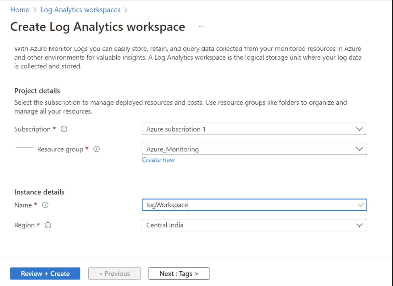 Filling out form to create a log analytics workspace 