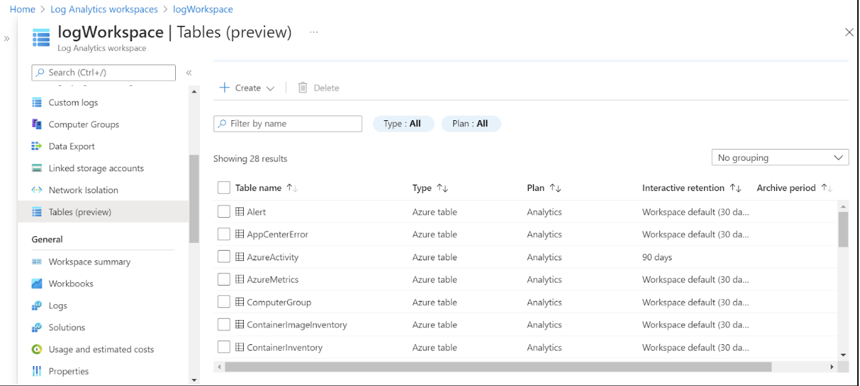 Tables section displaying log tables Azure created
