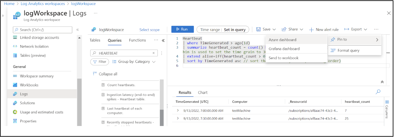 Pinning the query results to Azure Monitor, Grafana, or an Azure Workbook. 