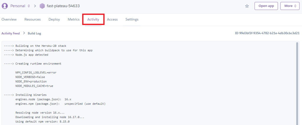 Heroku project build logs