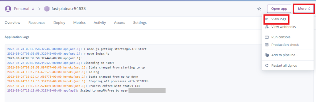 Heroku project runtime logs