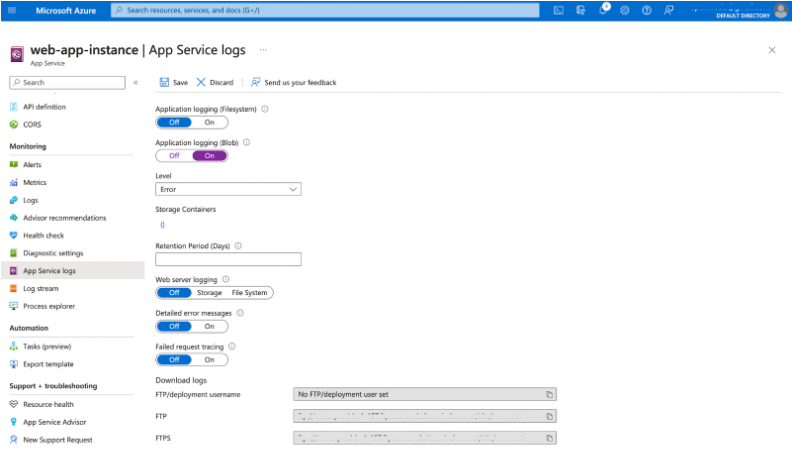 Azure app service logs