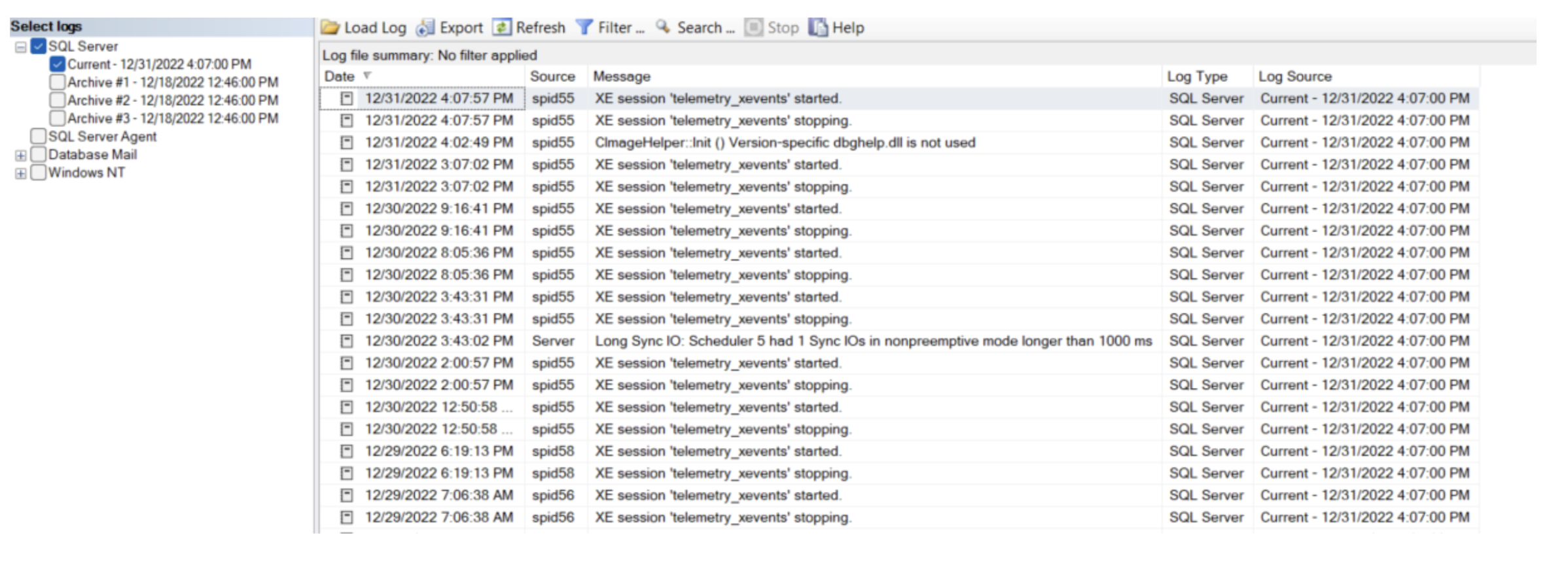 View displaying error log fields: date, source, message, type. and log source. 