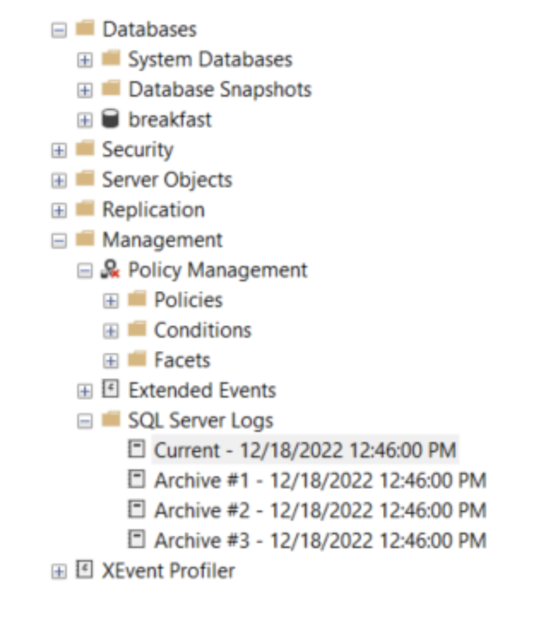 SQL Server Log Folder Location, with files displaying "current" at beginning of name by default.