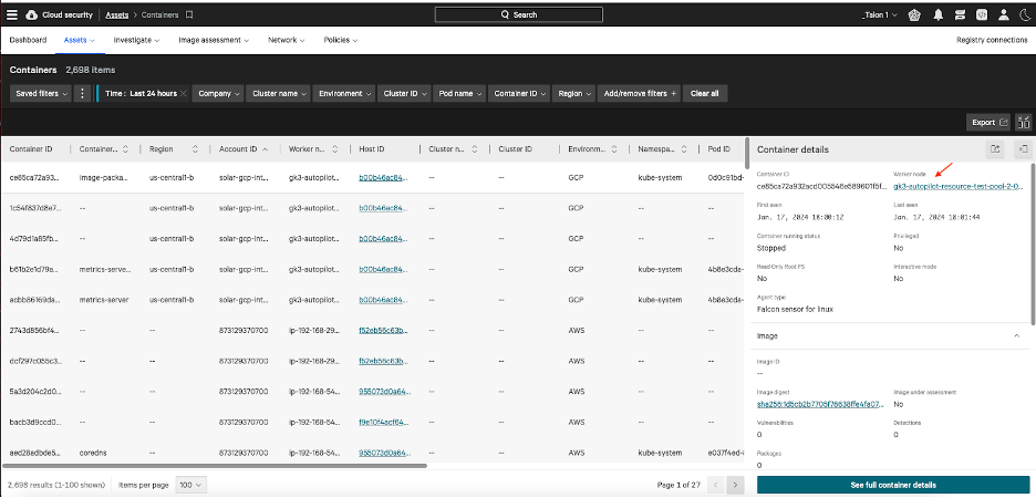 Figure 3. GKE Autopilot Container Details in the Falcon Cloud Security dashboard