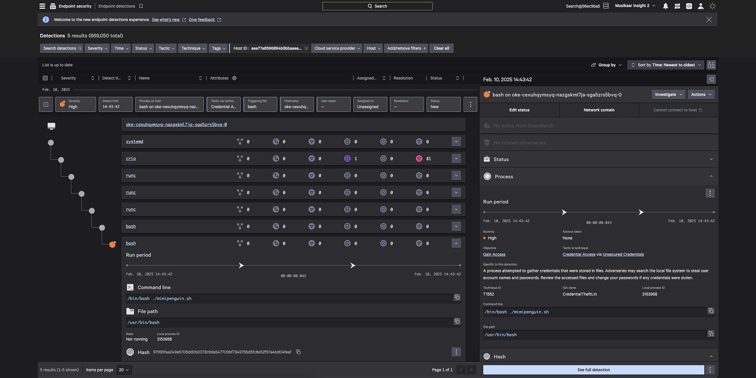 CrowdStrike Falcon Endpoint Security detections dashboard showing a table of security events, a process timeline, and an expanded detection details panel.