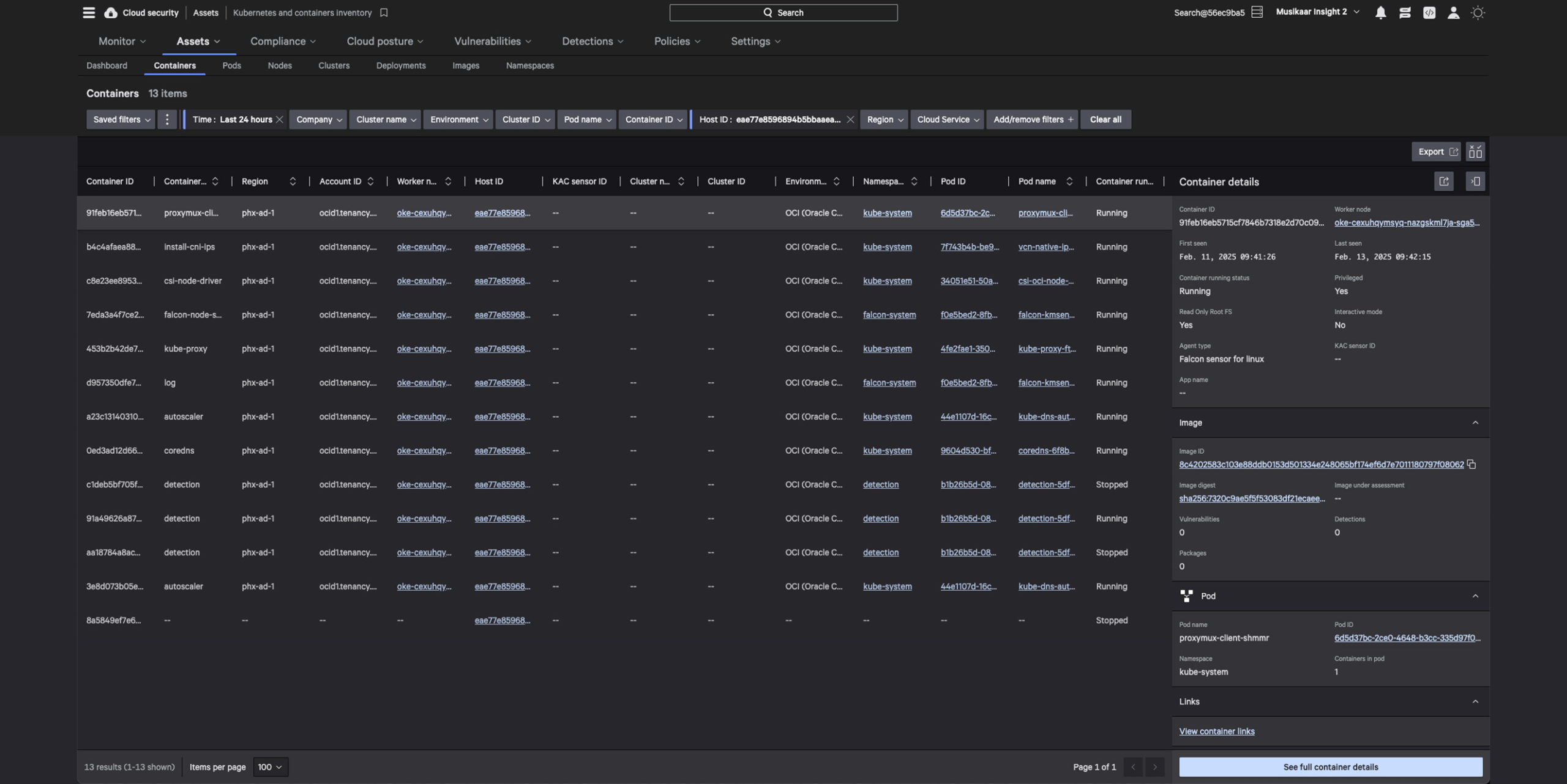 Kubernetes container inventory dashboard listing container details, statuses, and security findings, with an expanded container details panel