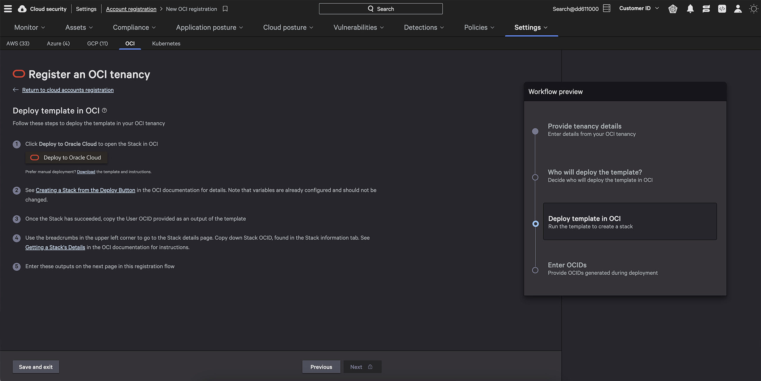 OCI tenancy registration page with step-by-step deployment instructions, a highlighted 