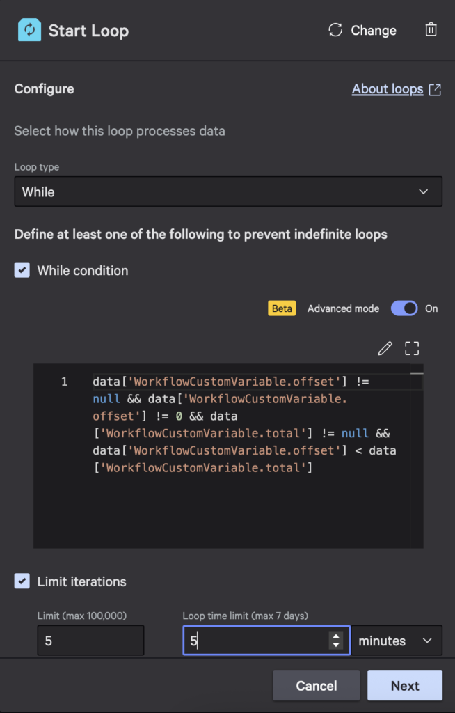 Pagination search - Step 4: Start loop