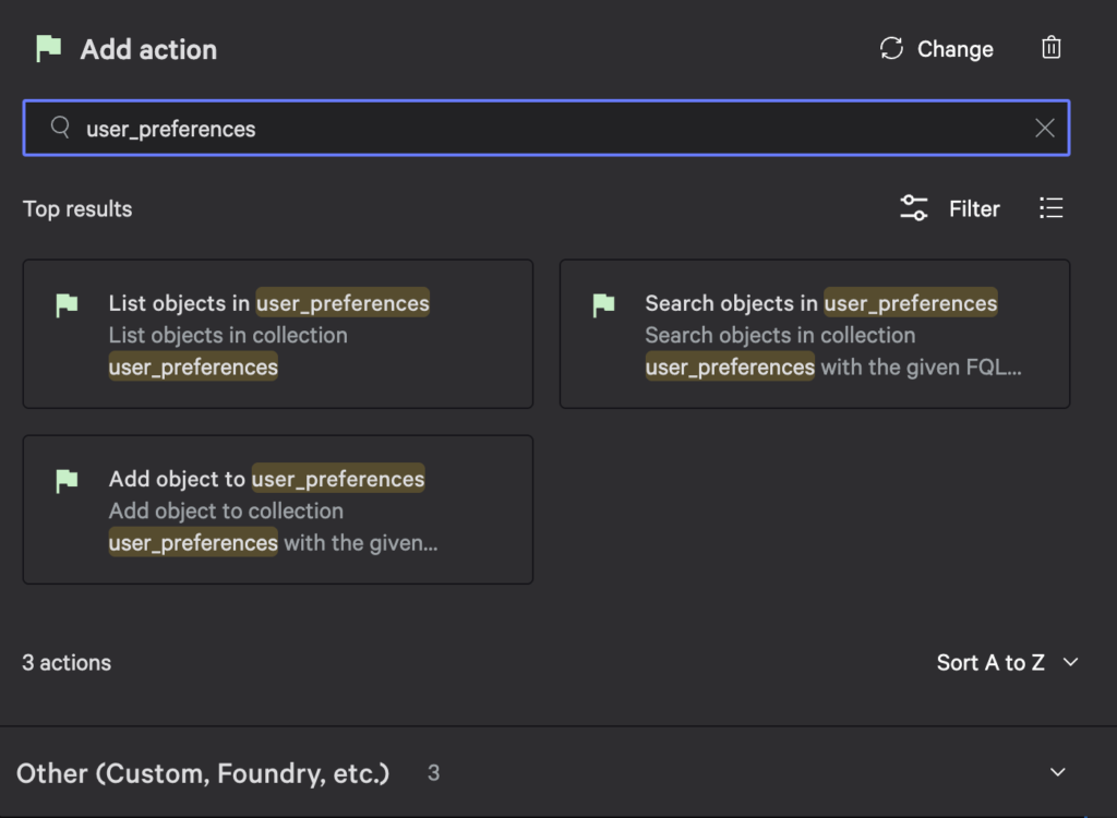 User preferences available actions