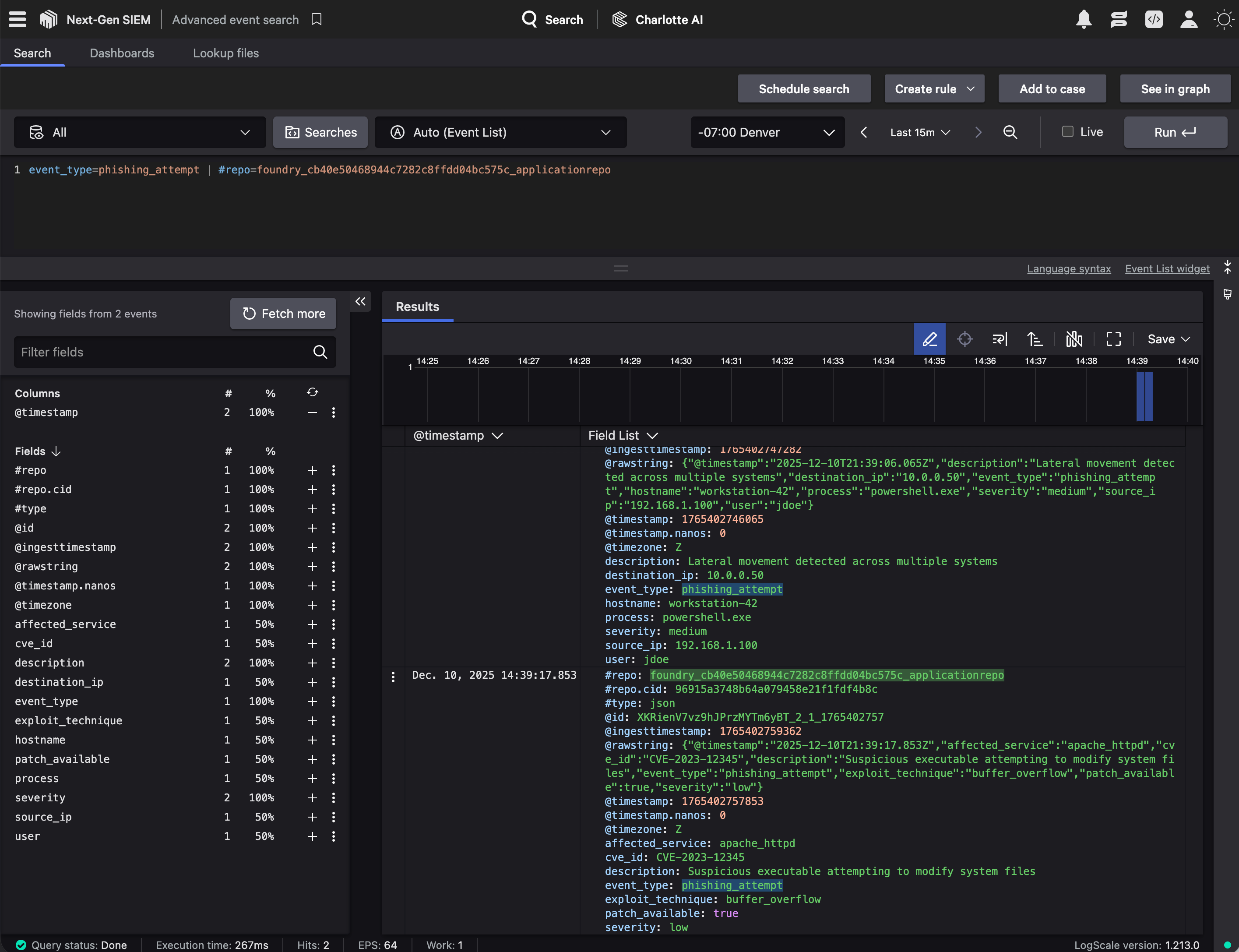Advanced event search showing custom data query results