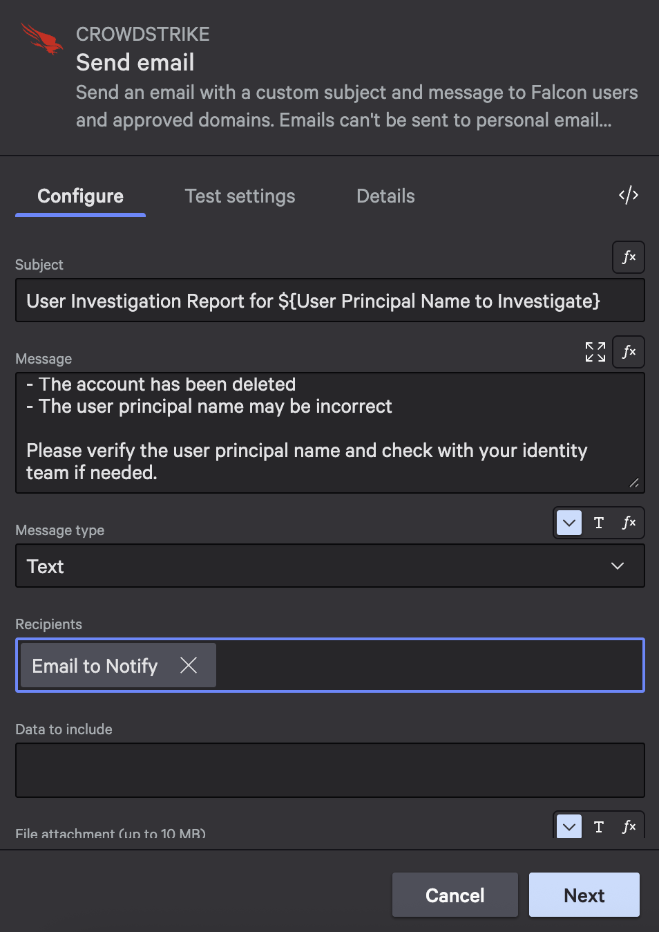 Email configuration for user not found