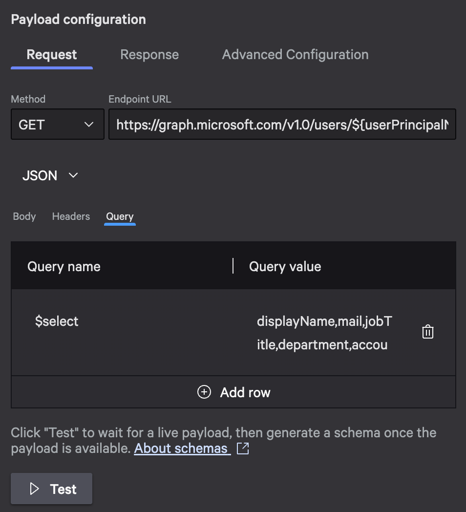 Graph API request configuration