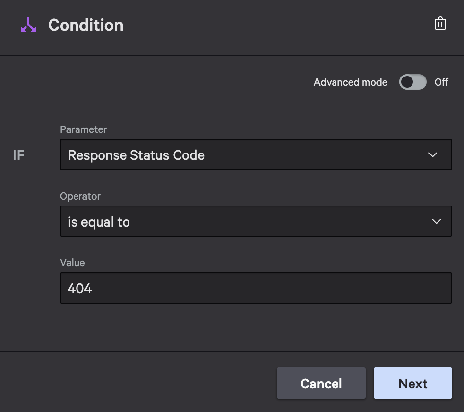 Condition for response status 404