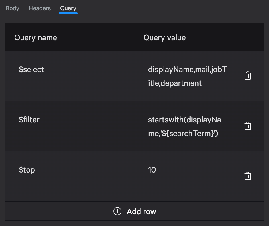Query parameters configuration