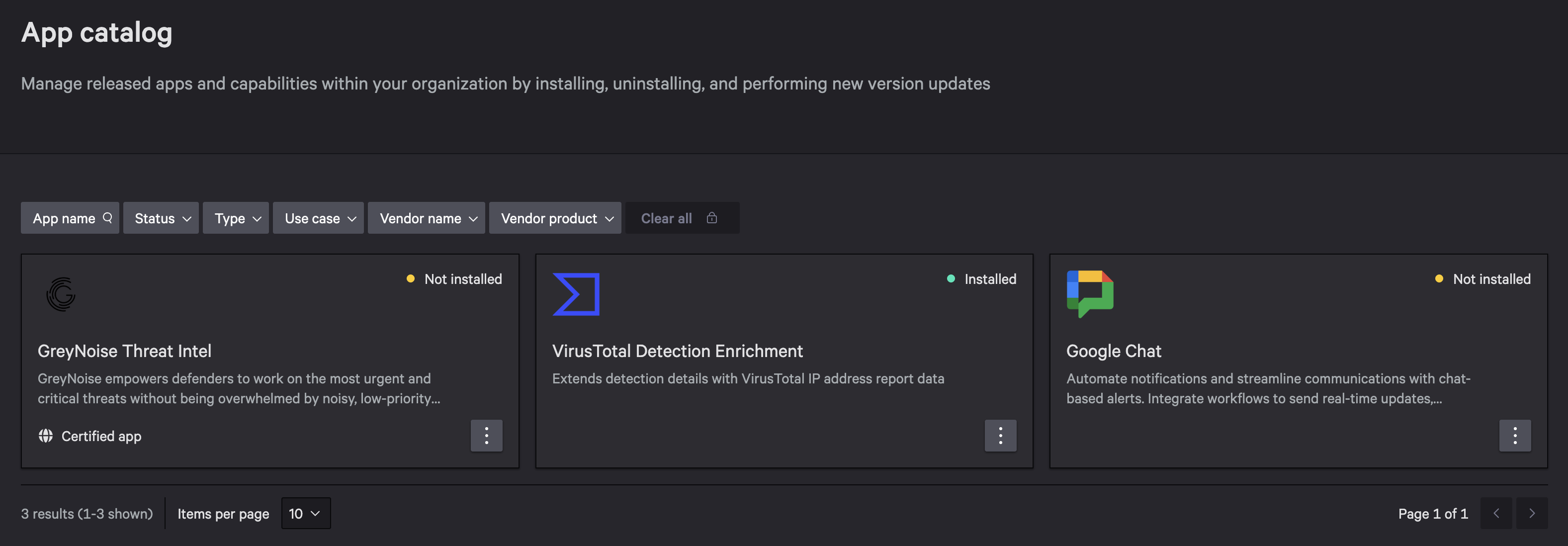 App catalog showing GreyNoise Threat Intel as certified app