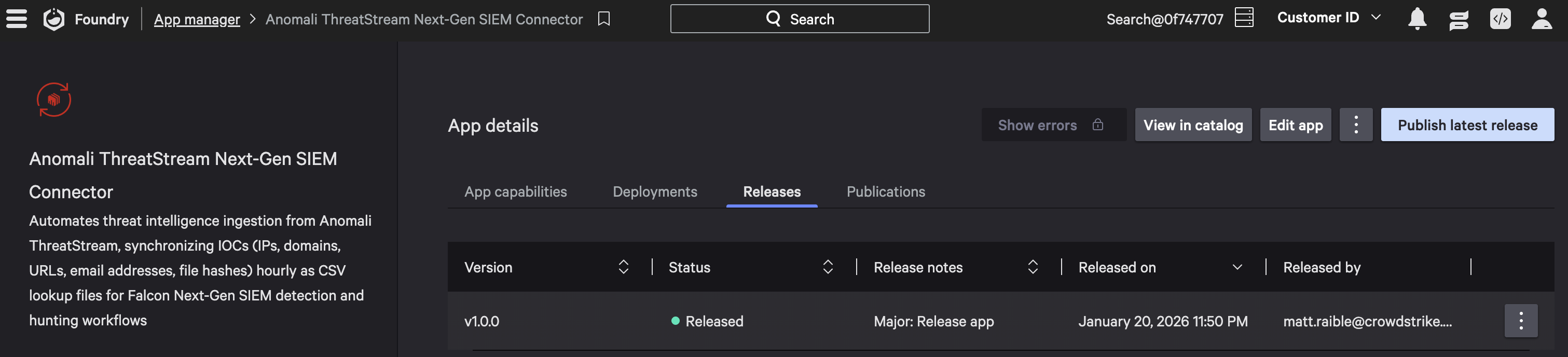 App manager showing Publish latest release button