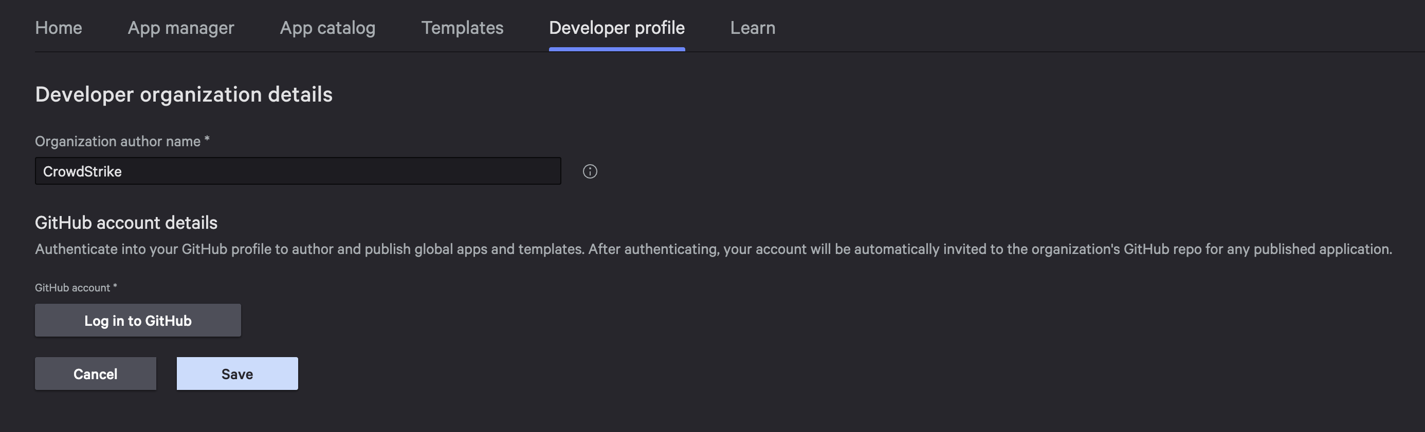 Developer profile setup showing organization name, GitHub authorization, and email verification
