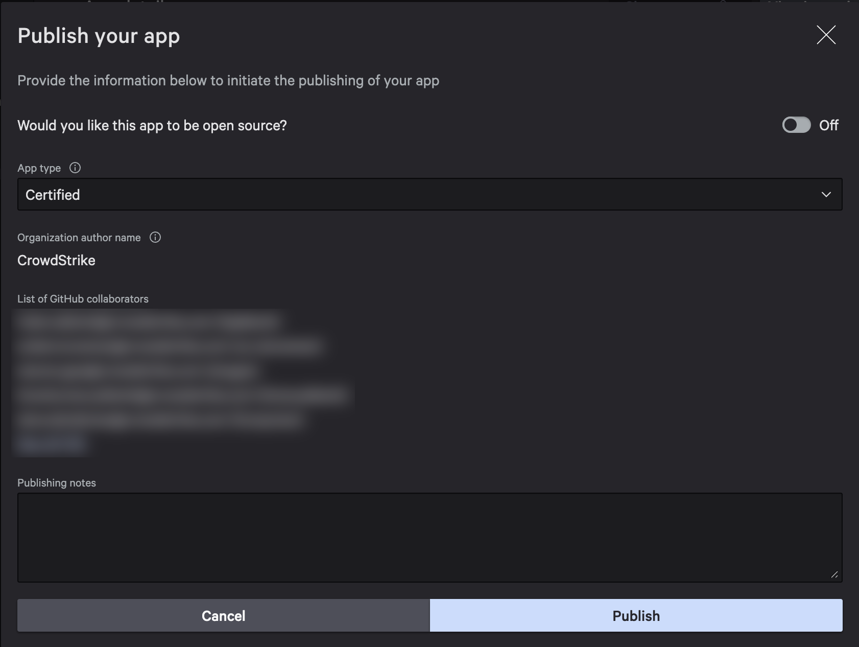 Publish latest release dialog with open source option